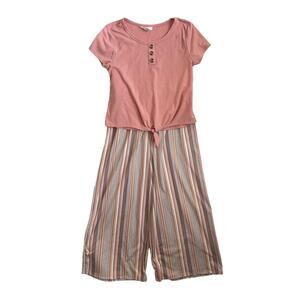 Ally Girl Set L Rose Pink Ribbed Top Striped Wide Leg Pants Comfy Casual Stretch
